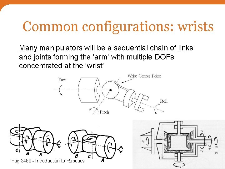 Common configurations: wrists Many manipulators will be a sequential chain of links and joints