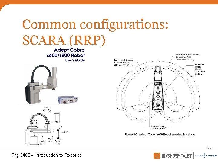 Common configurations: SCARA (RRP) 26 Fag 3480 - Introduction to Robotics 