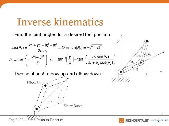 Inverse kinematics Find the joint angles for a desired tool position Two solutions!: elbow