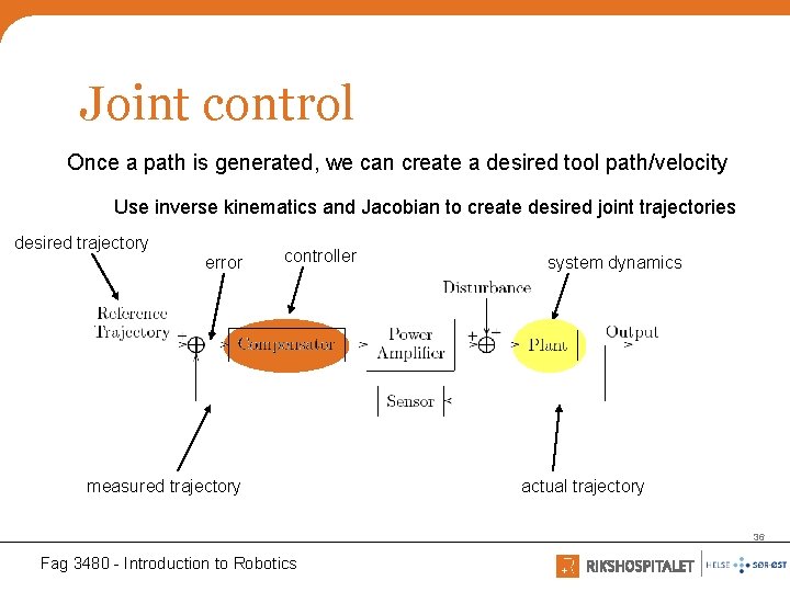 Joint control Once a path is generated, we can create a desired tool path/velocity