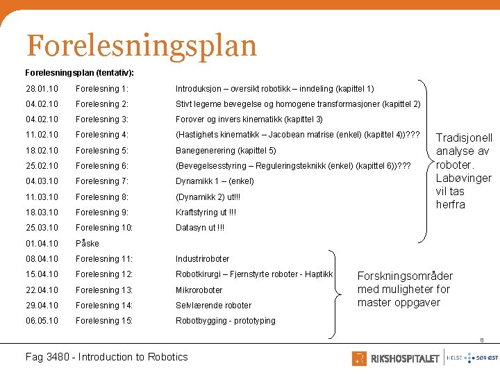 Forelesningsplan (tentativ): 28. 01. 10 Forelesning 1: Introduksjon – oversikt robotikk – inndeling (kapittel