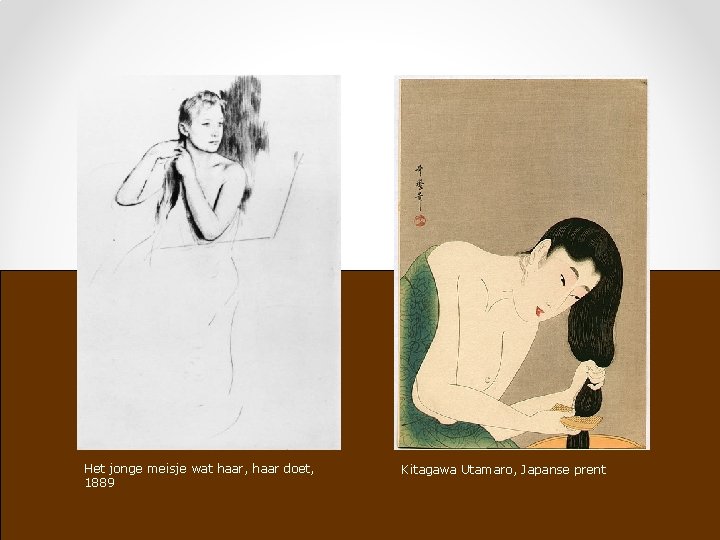 Het jonge meisje wat haar, haar doet, 1889 Kitagawa Utamaro, Japanse prent 