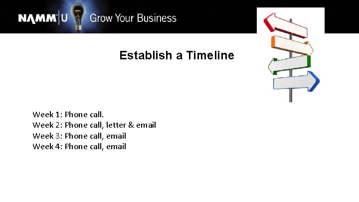 Establish a Timeline Week 1: Phone call. Week 2: Phone call, letter & email