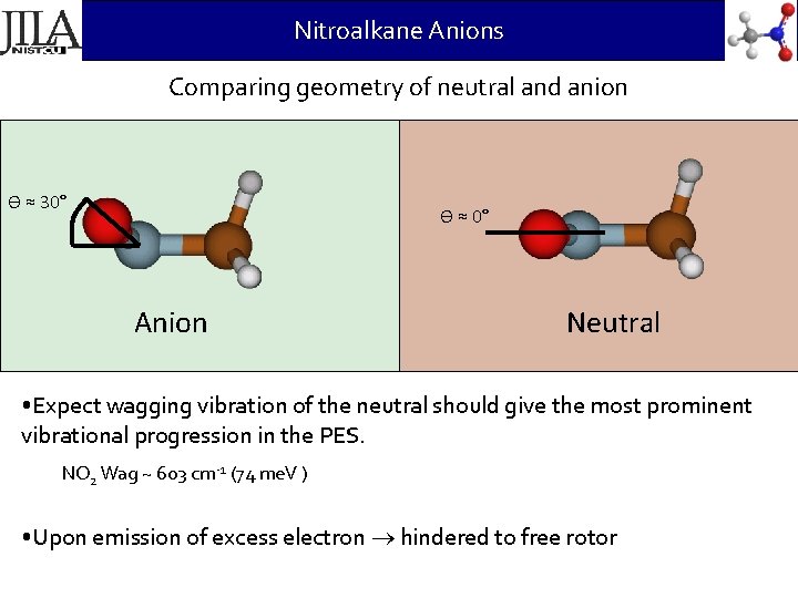 Nitroalkane Anions Comparing geometry of neutral and anion Ө ≈ 30° Ө ≈ 0°