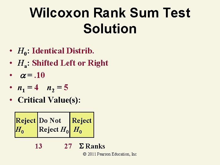 Wilcoxon Rank Sum Test Solution • • • H 0: Identical Distrib. Ha: Shifted