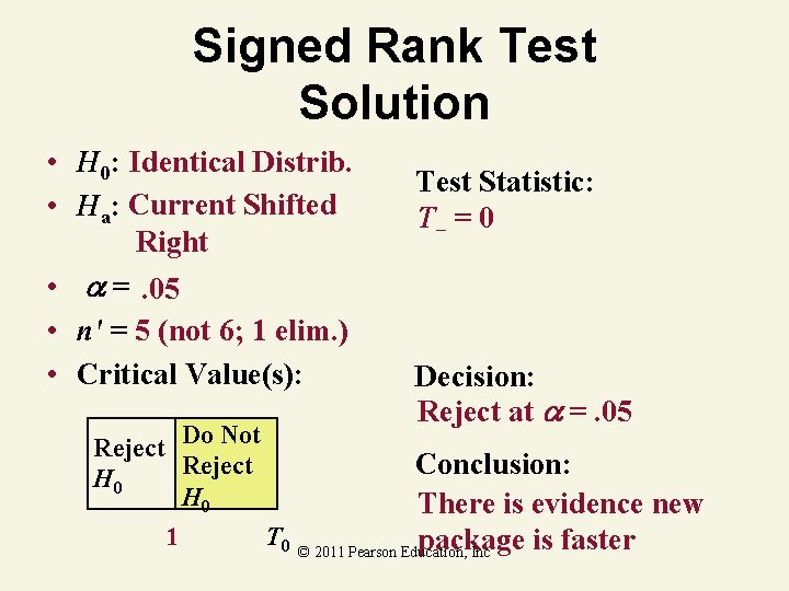 Signed Rank Test Solution • H 0: Identical Distrib. • Ha: Current Shifted Right Signed Rank Test Solution • H 0: Identical Distrib. • Ha: Current Shifted Right