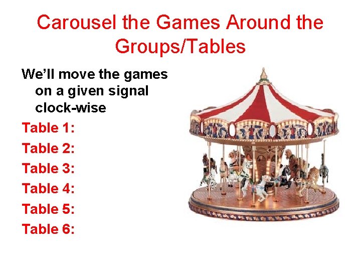 Carousel the Games Around the Groups/Tables We’ll move the games on a given signal