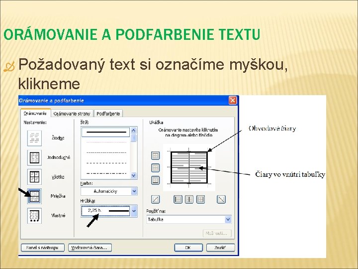 ORÁMOVANIE A PODFARBENIE TEXTU Požadovaný text si označíme myškou, klikneme na formát a orámovanie. ORÁMOVANIE A PODFARBENIE TEXTU Požadovaný text si označíme myškou, klikneme na formát a orámovanie.