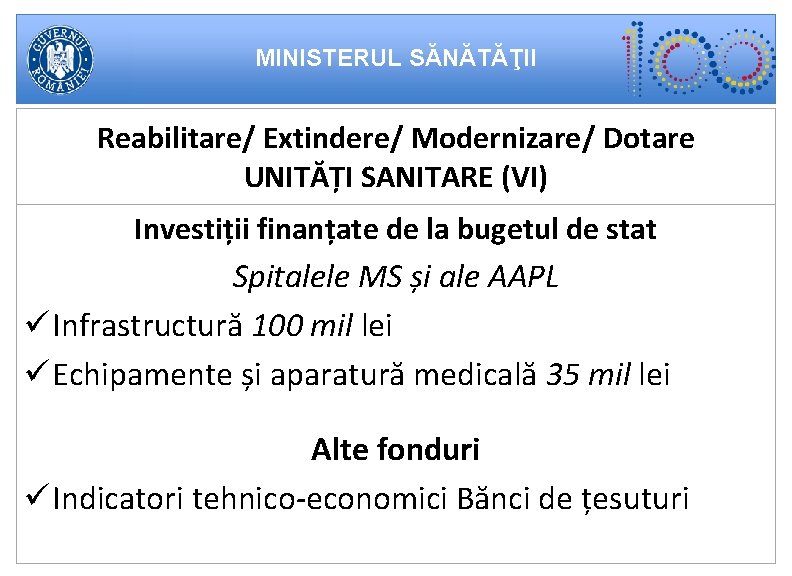 MINISTERUL SĂNĂTĂŢII Reabilitare/ Extindere/ Modernizare/ Dotare UNITĂȚI SANITARE (VI) Investiții finanțate de la bugetul