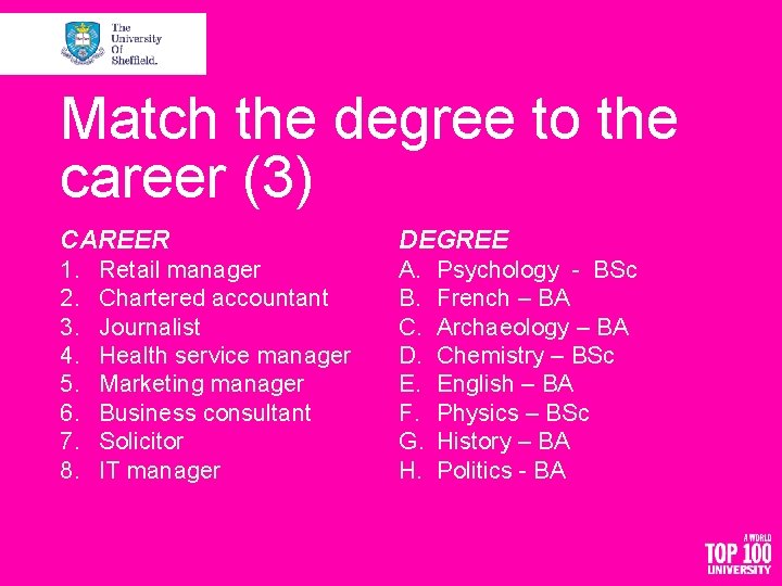 Match the degree to the career (3) CAREER DEGREE 1. 2. 3. 4. 5.