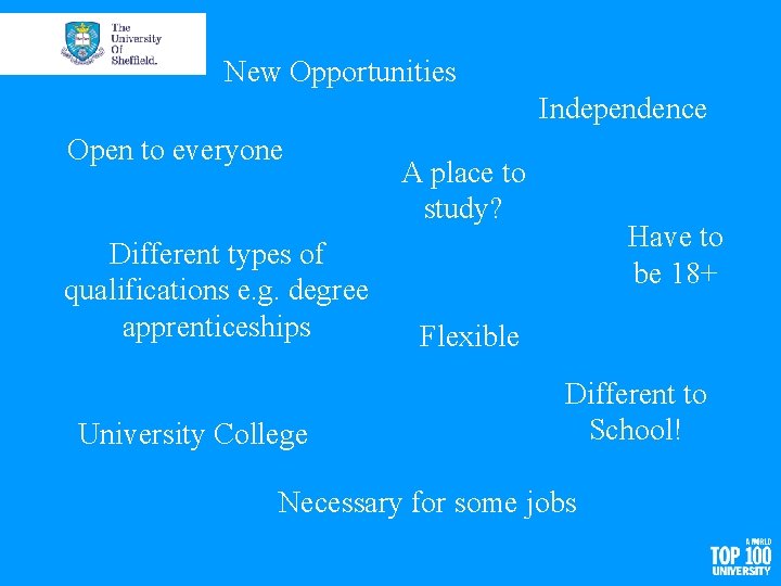 New Opportunities Independence Open to everyone Different types of qualifications e. g. degree apprenticeships
