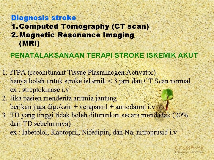 Diagnosis stroke 1. Computed Tomography (CT scan) 2. Magnetic Resonance Imaging (MRI) PENATALAKSANAAN TERAPI