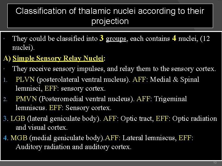 Classification of thalamic nuclei according to their projection They could be classified into 3 Classification of thalamic nuclei according to their projection They could be classified into 3