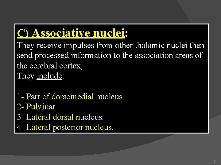 C) Associative nuclei: They receive impulses from other thalamic nuclei then send processed information C) Associative nuclei: They receive impulses from other thalamic nuclei then send processed information