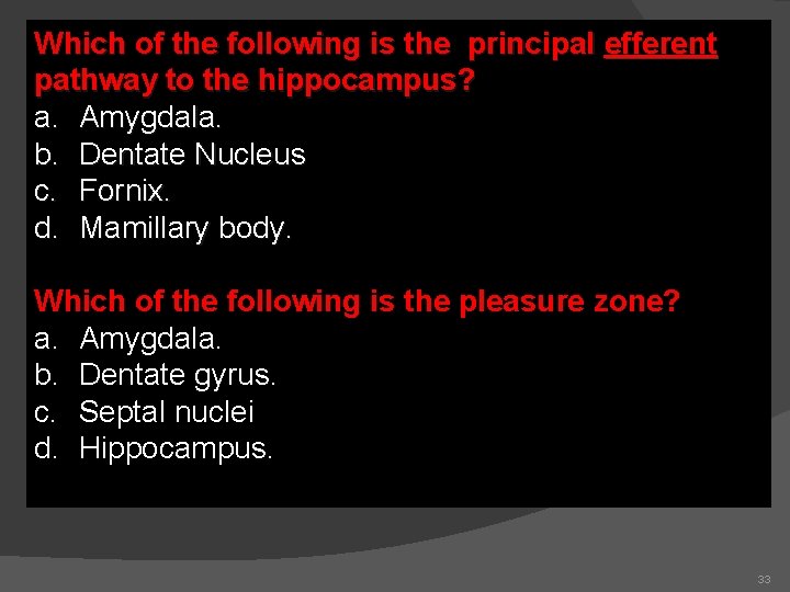 Which of the following is the principal efferent pathway to the hippocampus? a. Amygdala.