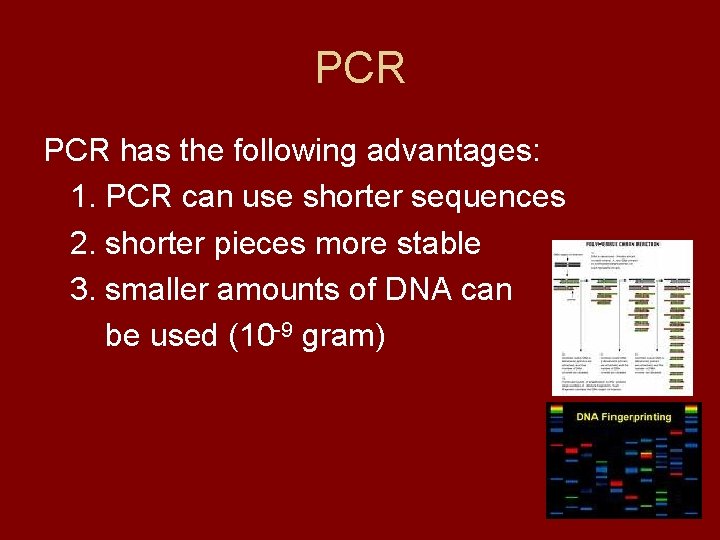 PCR has the following advantages: 1. PCR can use shorter sequences 2. shorter pieces