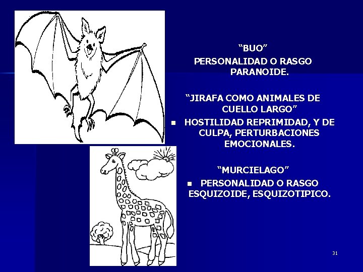 “BUO” PERSONALIDAD O RASGO PARANOIDE. n “JIRAFA COMO ANIMALES DE CUELLO LARGO” HOSTILIDAD REPRIMIDAD,