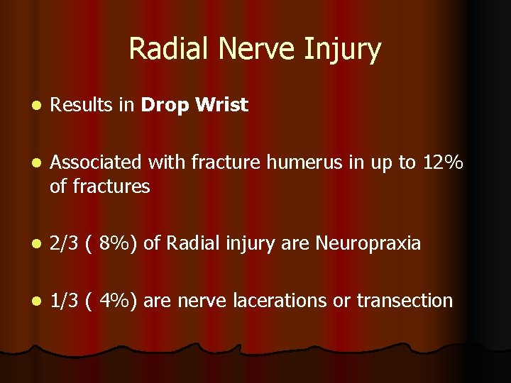 Radial Nerve Injury l Results in Drop Wrist l Associated with fracture humerus in