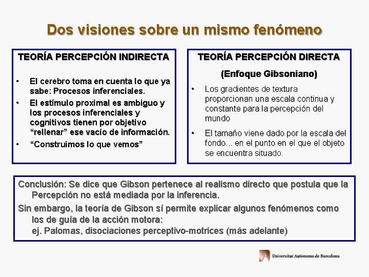 Dos visiones sobre un mismo fenómeno TEORÍA PERCEPCIÓN INDIRECTA • • • El cerebro