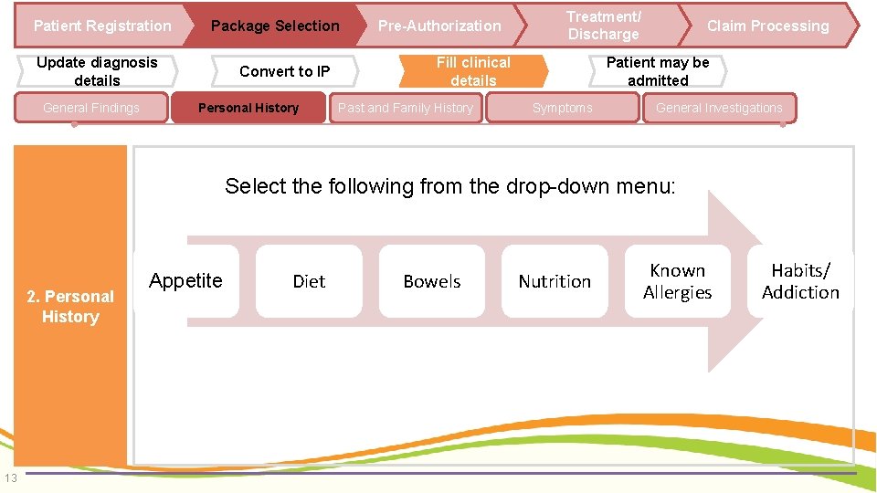 Patient Registration Package Selection Update diagnosis details General Findings Convert to IP Personal History