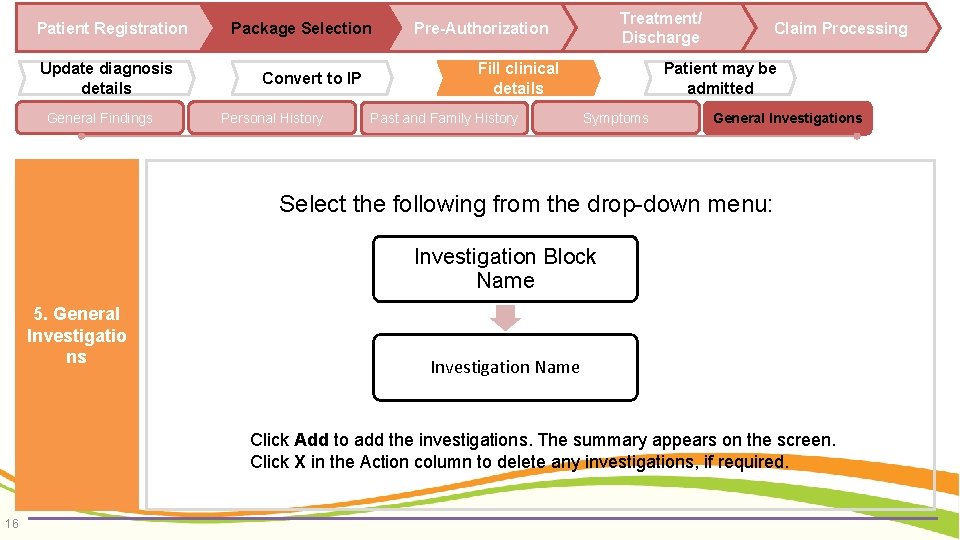 Patient Registration Update diagnosis details General Findings Package Selection Convert to IP Personal History
