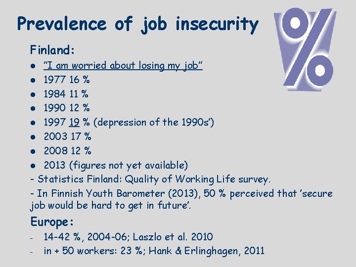 Prevalence of job insecurity Finland: ”I am worried about losing my job” l 1977