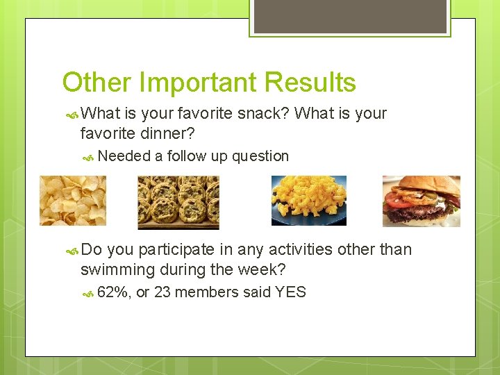 Other Important Results What is your favorite snack? What is your favorite dinner? Needed