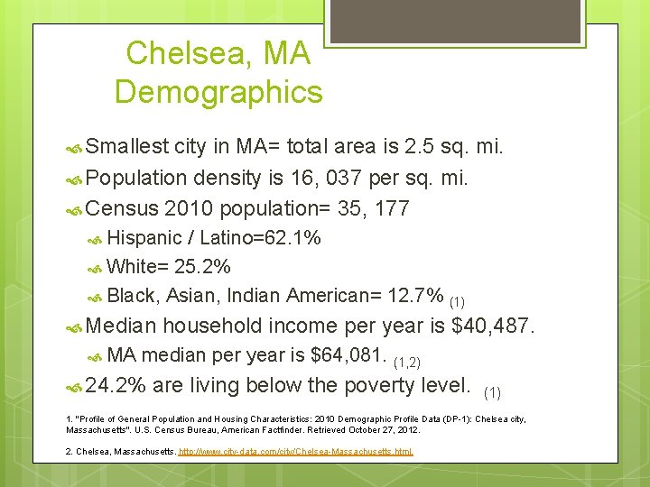 Chelsea, MA Demographics Smallest city in MA= total area is 2. 5 sq. mi.
