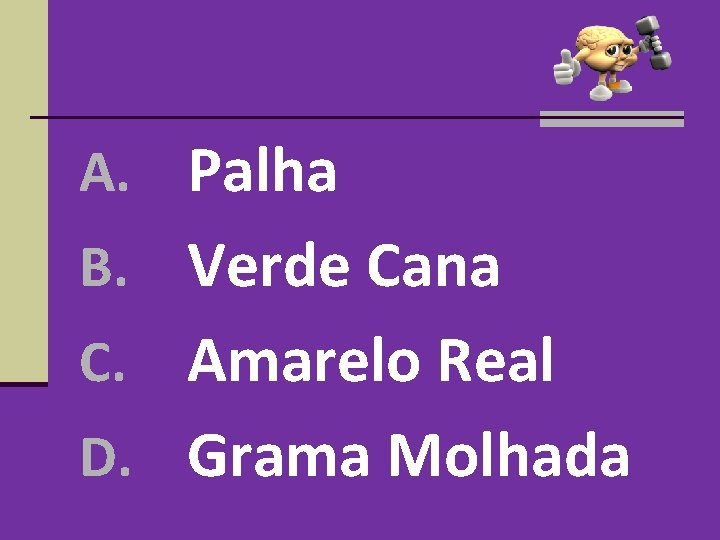 A. Palha B. Verde Cana Amarelo Real D. Grama Molhada C. A. Palha B. Verde Cana Amarelo Real D. Grama Molhada C.