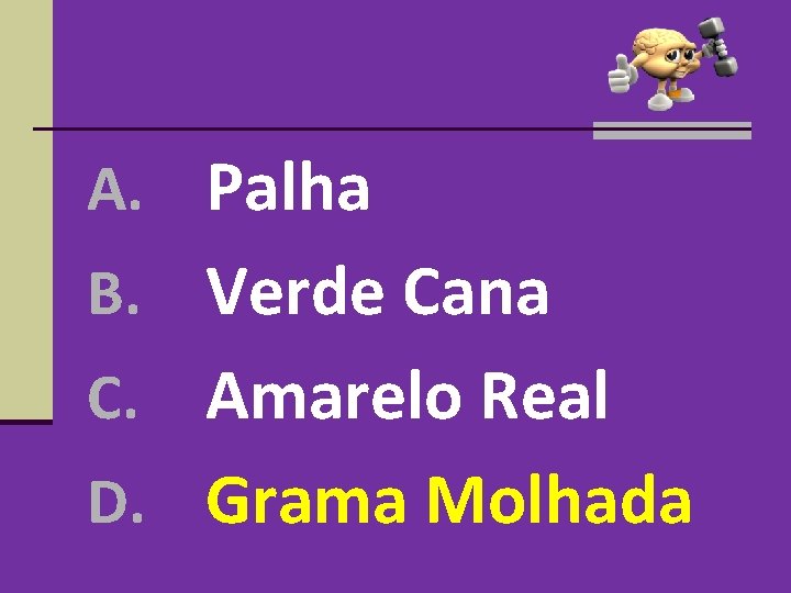 A. Palha B. Verde Cana Amarelo Real D. Grama Molhada C. A. Palha B. Verde Cana Amarelo Real D. Grama Molhada C.