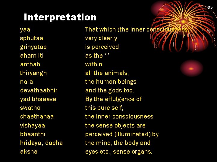 35 Interpretation yaa sphutaa grihyatae aham iti anthah thiryangn nara devathaabhir yad bhaaasa swatho