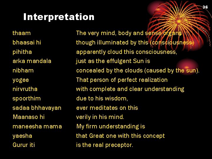 36 Interpretation thaam bhaasai hi pihitha arka mandala nibham yogee nirvrutha spoorthim sadaa bhhavayan