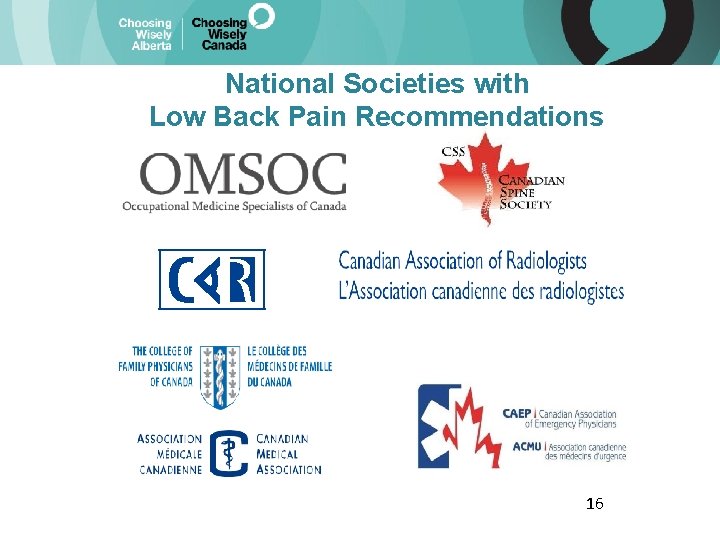 National Societies with Low Back Pain Recommendations 16 