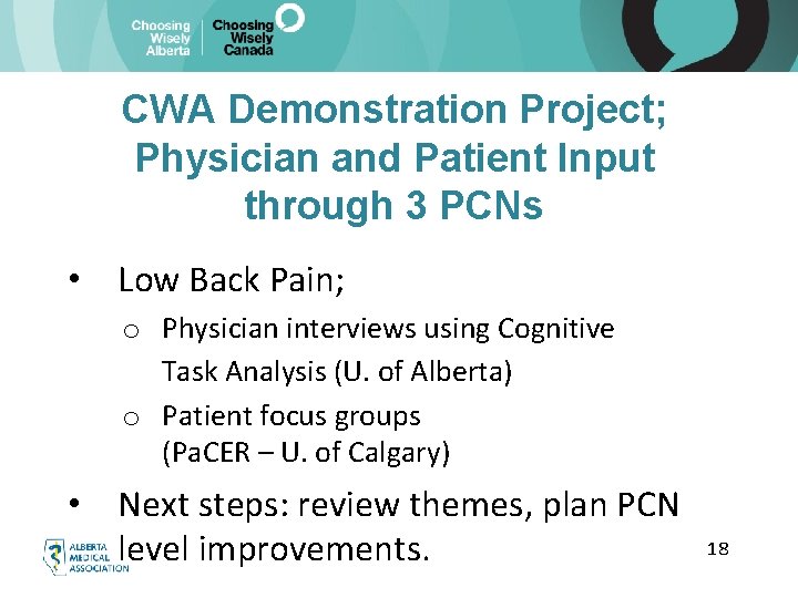 CWA Demonstration Project; Physician and Patient Input through 3 PCNs • Low Back Pain;