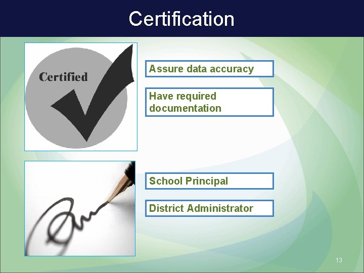 Certification Assure data accuracy Have required documentation School Principal District Administrator 13 