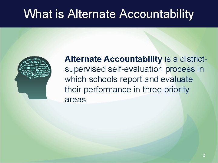 What is Alternate Accountability is a districtsupervised self-evaluation process in which schools report and