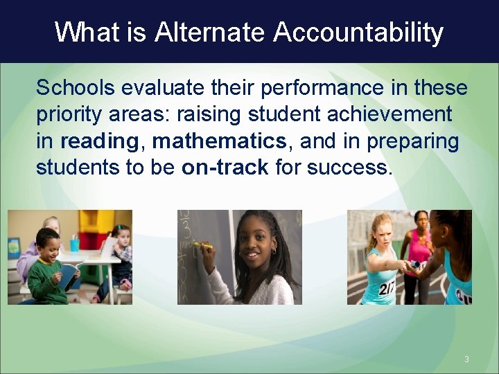 What is Alternate Accountability Schools evaluate their performance in these priority areas: raising student