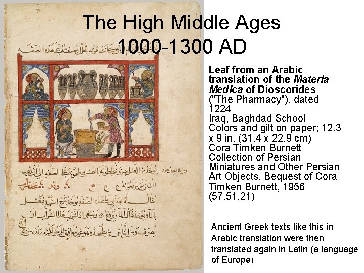 The High Middle Ages 1000 -1300 AD Leaf from an Arabic translation of the