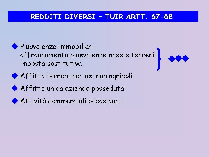 REDDITI DIVERSI – TUIR ARTT. 67 -68 Plusvalenze immobiliari affrancamento plusvalenze aree e terreni
