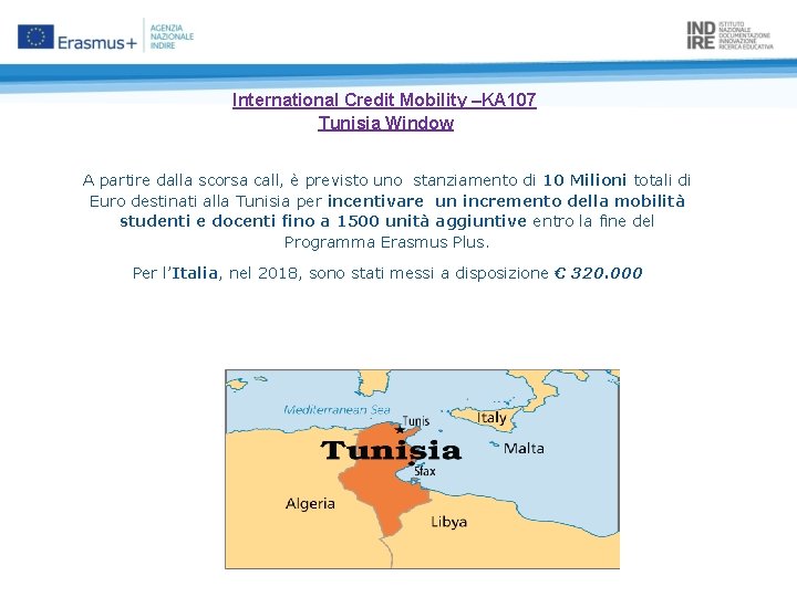 International Credit Mobility –KA 107 Tunisia Window A partire dalla scorsa call, è previsto