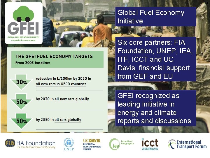 3 Global Fuel Economy Initiative Six core partners: FIA Foundation, UNEP, IEA, ITF, ICCT