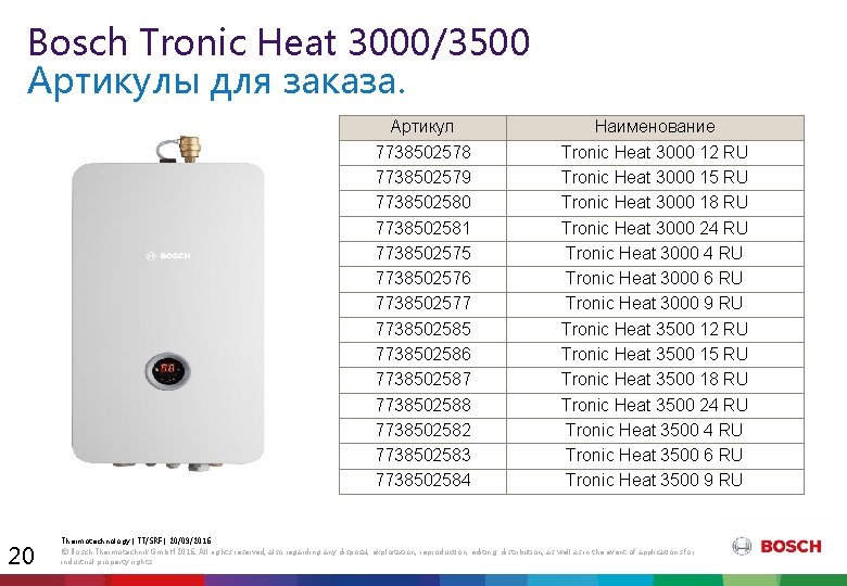 Bosch Tronic Heat 3000/3500 Артикулы для заказа. Артикул 7738502578 7738502579 7738502580 7738502581 7738502575 7738502576