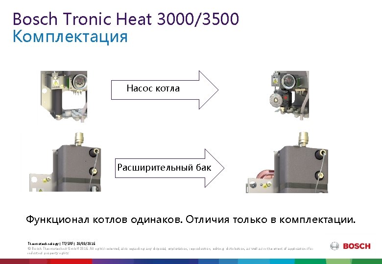 Bosch Tronic Heat 3000/3500 Комплектация Насос котла Расширительный бак Функционал котлов одинаков. Отличия только