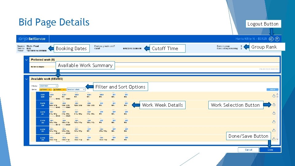 Bid Page Details Logout Button Cutoff Time Booking Dates Group Rank Available Work Summary