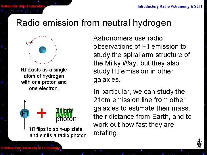 Radio emission from neutral hydrogen ep+ HI exists as a single atom of hydrogen