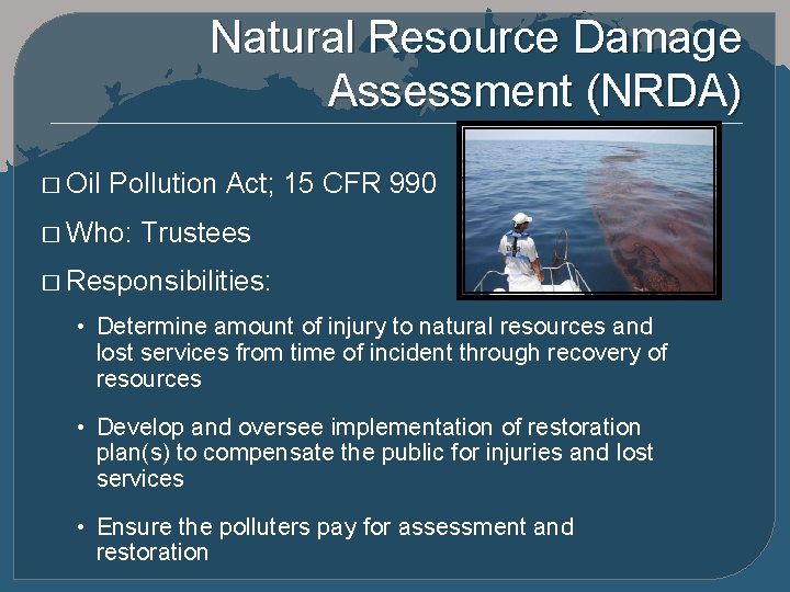 Natural Resource Damage Assessment (NRDA) � Oil Pollution Act; 15 CFR 990 � Who: