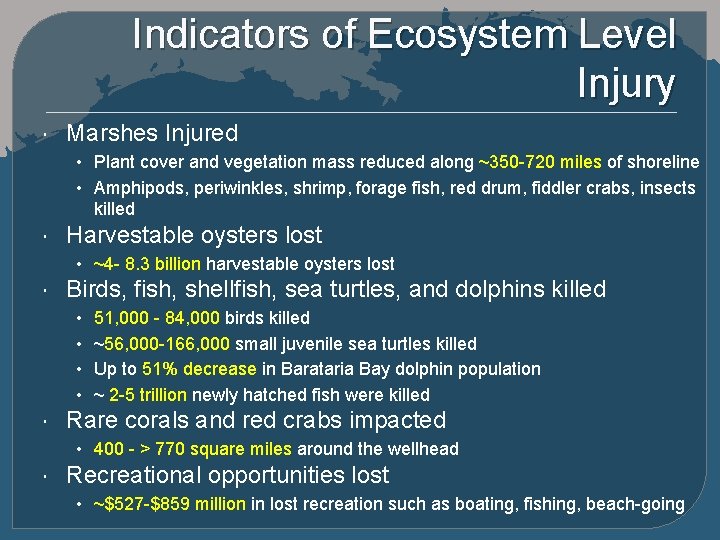 Indicators of Ecosystem Level Injury Marshes Injured • Plant cover and vegetation mass reduced