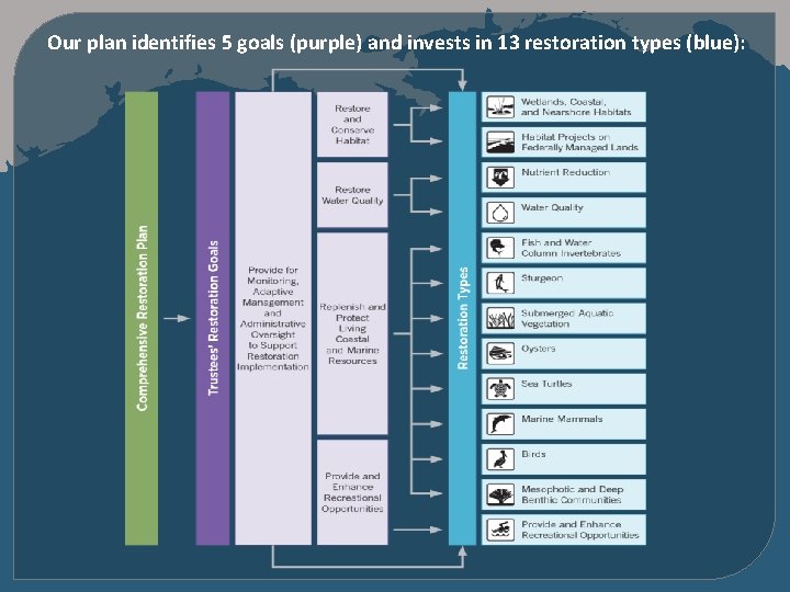 Our plan identifies 5 goals (purple) and invests in 13 restoration types (blue): 