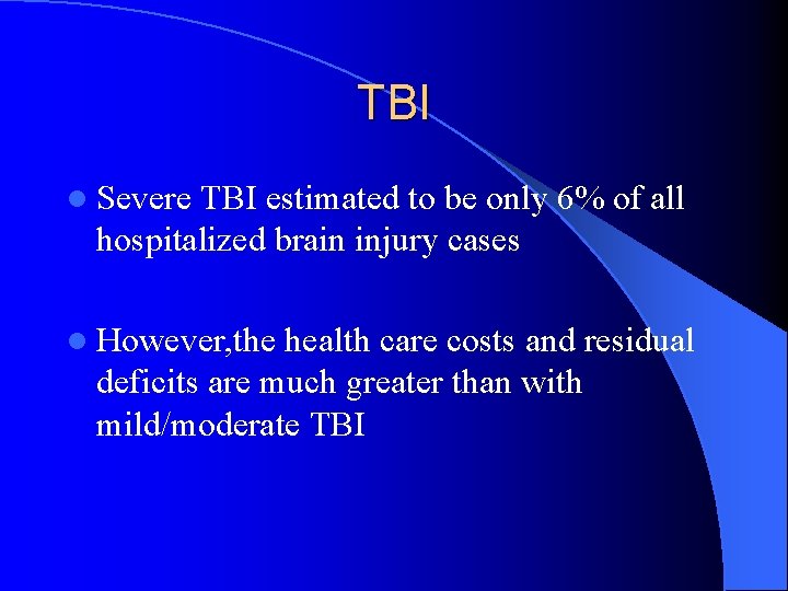 TBI l Severe TBI estimated to be only 6% of all hospitalized brain injury