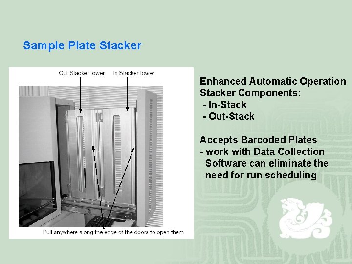 Sample Plate Stacker Enhanced Automatic Operation Stacker Components: - In-Stack - Out-Stack Accepts Barcoded